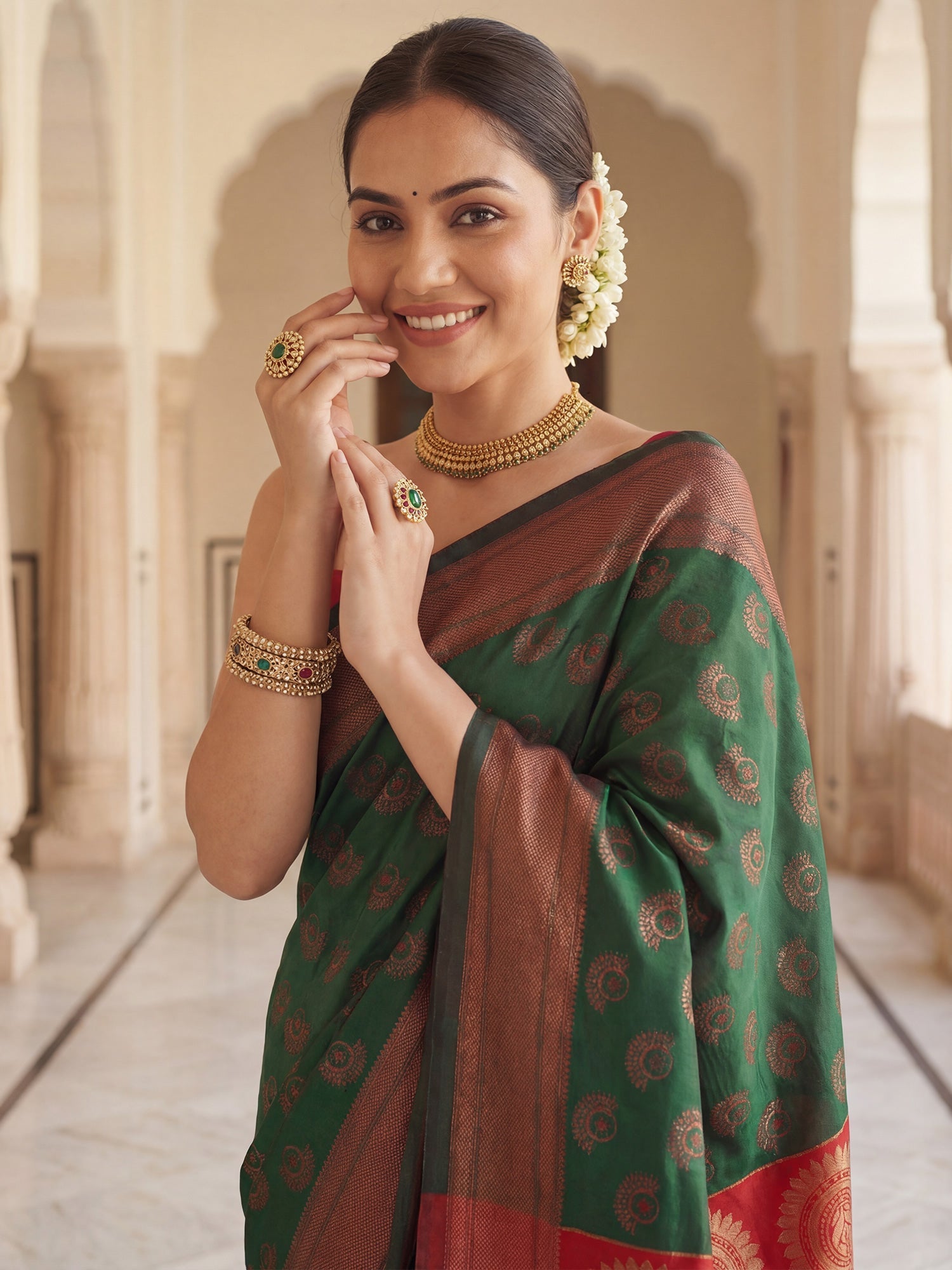 Bottle Green Banarasi Silk Heritage Zari Weave Saree - Ressa