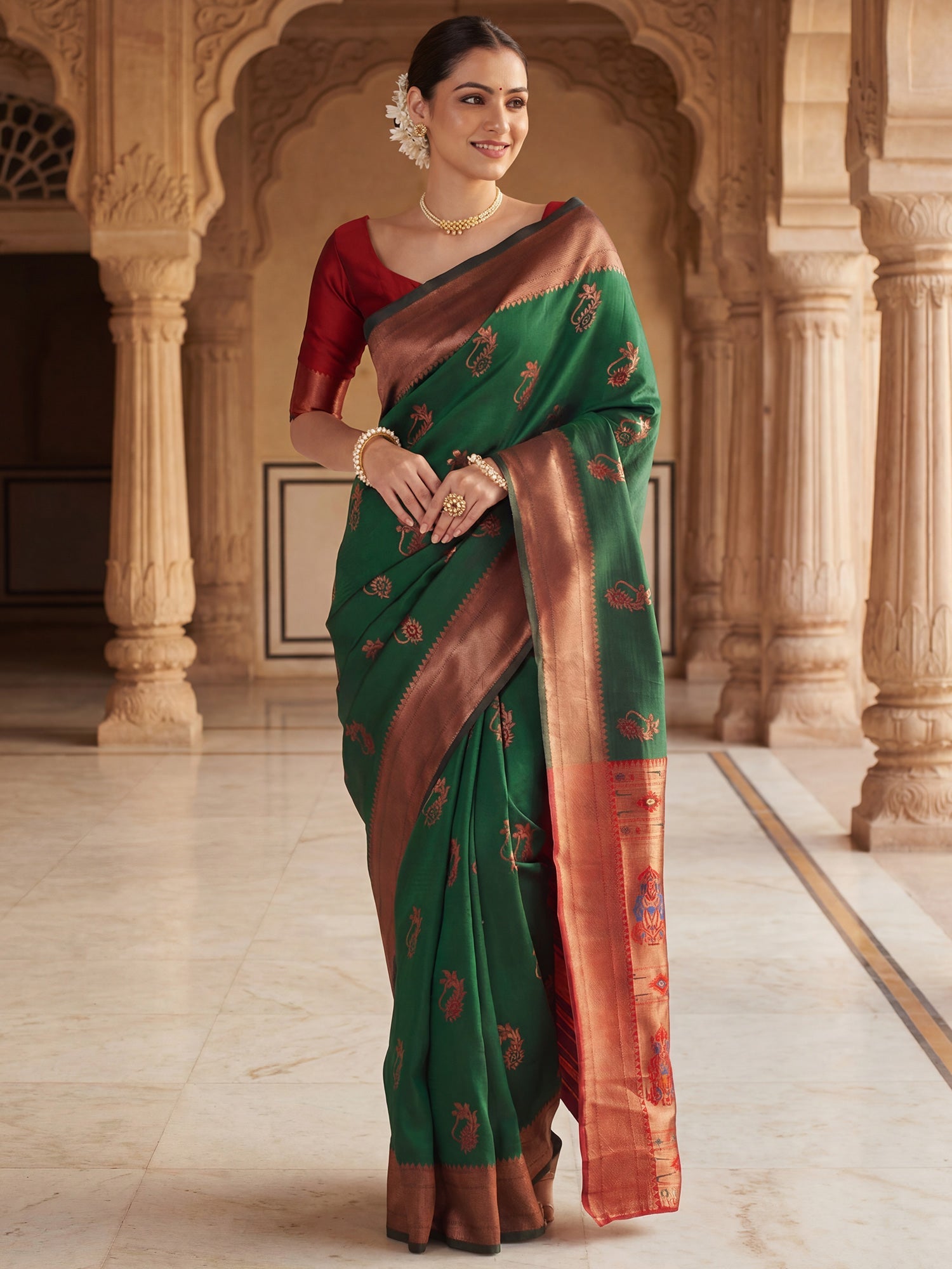 Bottle Green Banarasi Silk Heritage Zari Weave Saree - Ressa