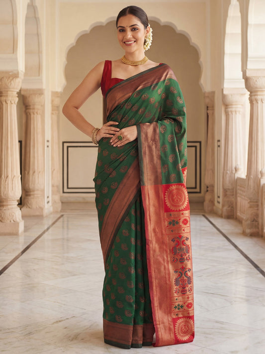 Bottle Green Banarasi Silk Heritage Zari Weave Saree - Ressa