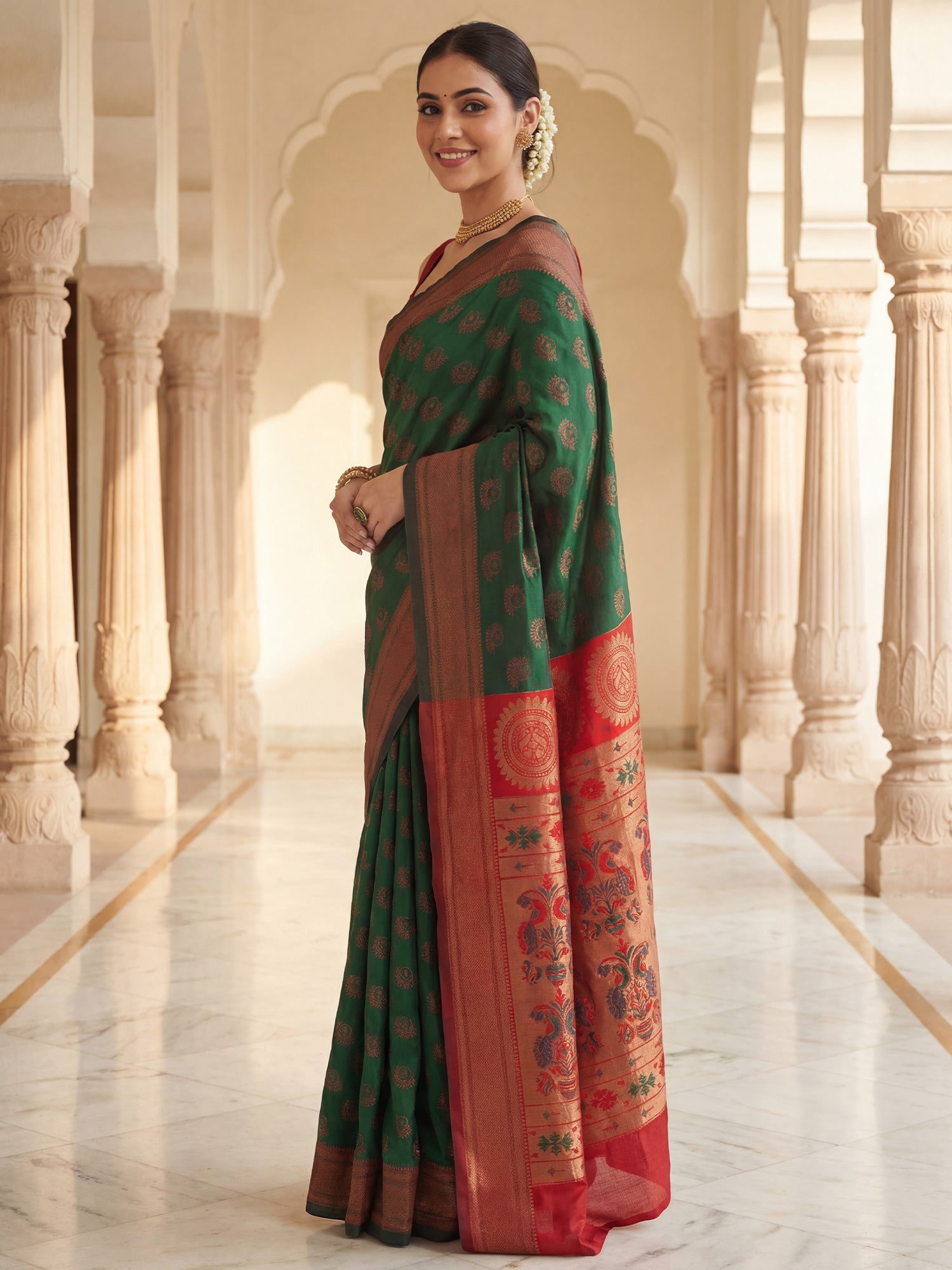 Bottle Green Banarasi Silk Heritage Zari Weave Saree - Ressa