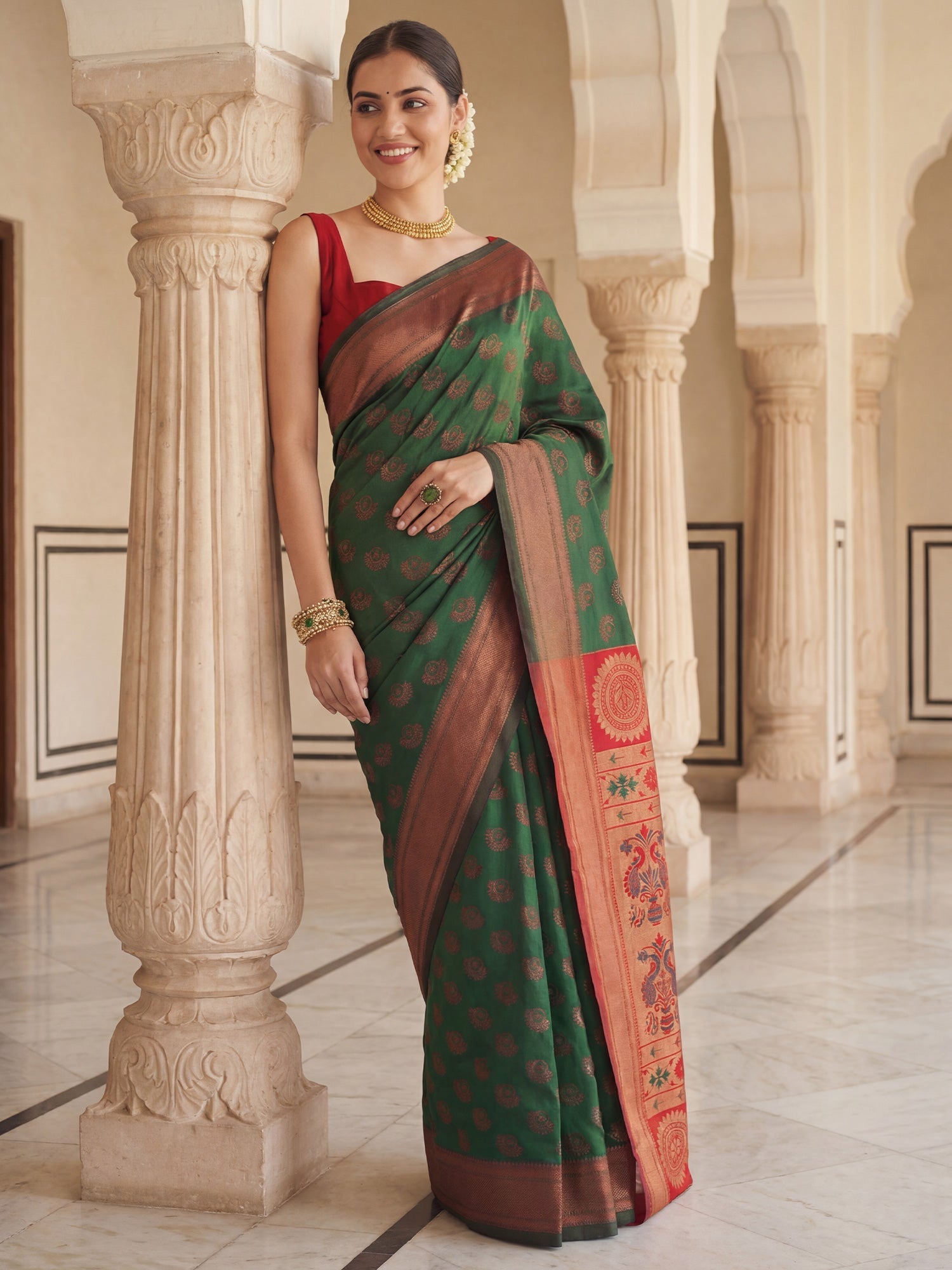 Bottle Green Banarasi Silk Heritage Zari Weave Saree - Ressa