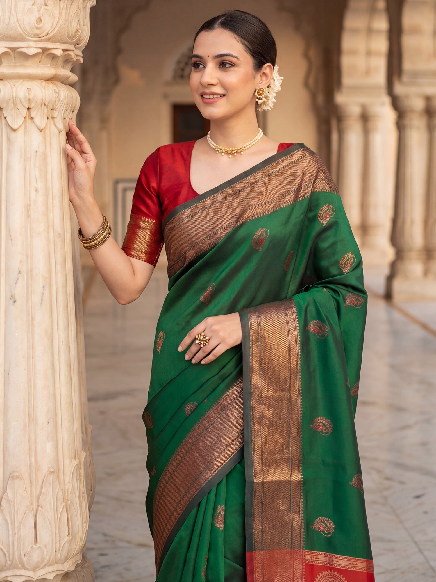 Bottle Green Banarasi Silk Heritage Zari Weave Saree - Ressa