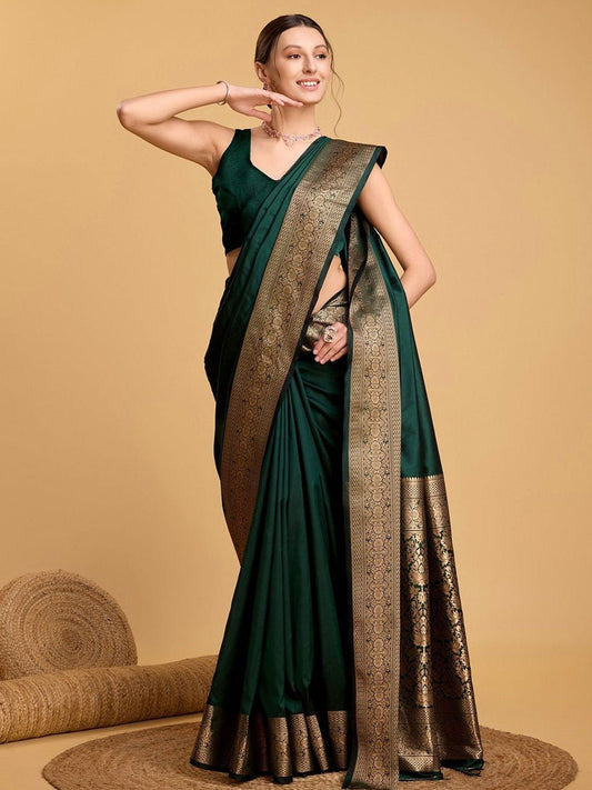 Bottle Green Banarasi Silk Saree - Ressa