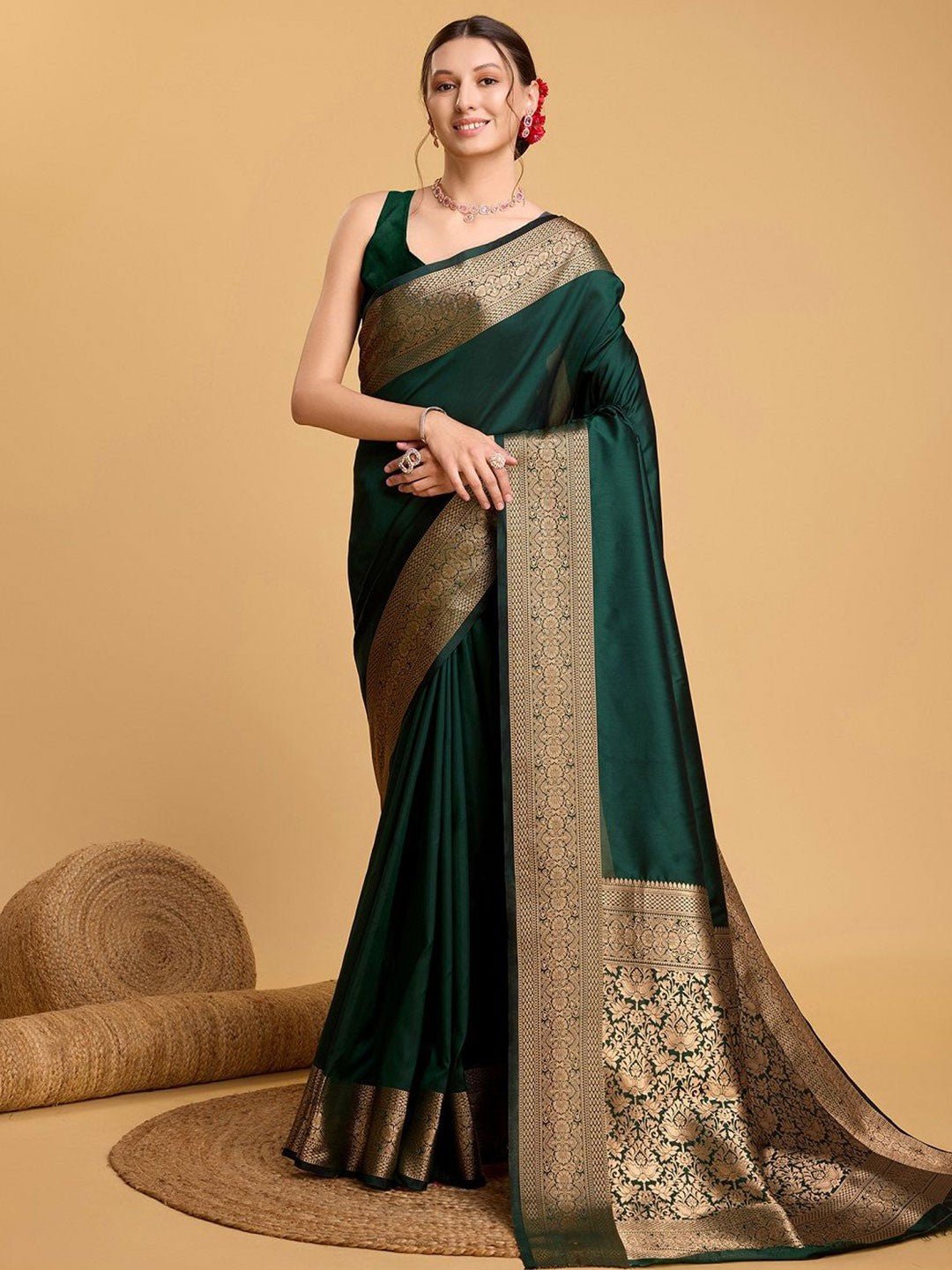 Bottle Green Banarasi Silk Saree - Ressa