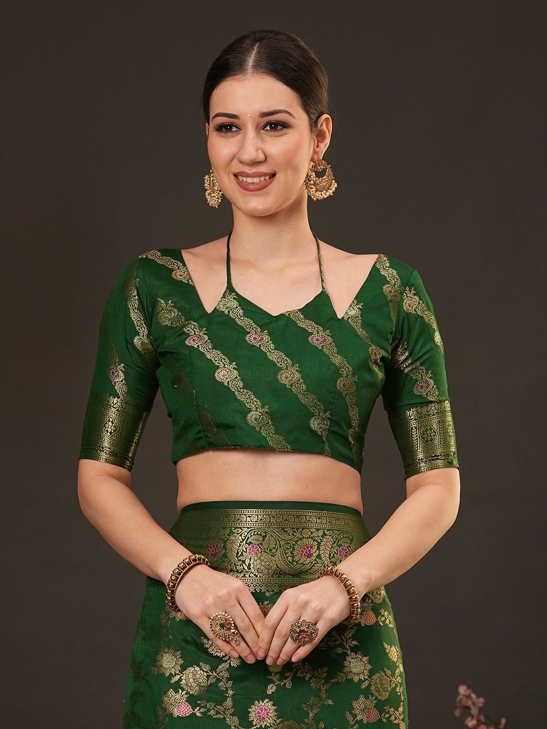 Bottle Green Banarasi Silk Saree - Ressa
