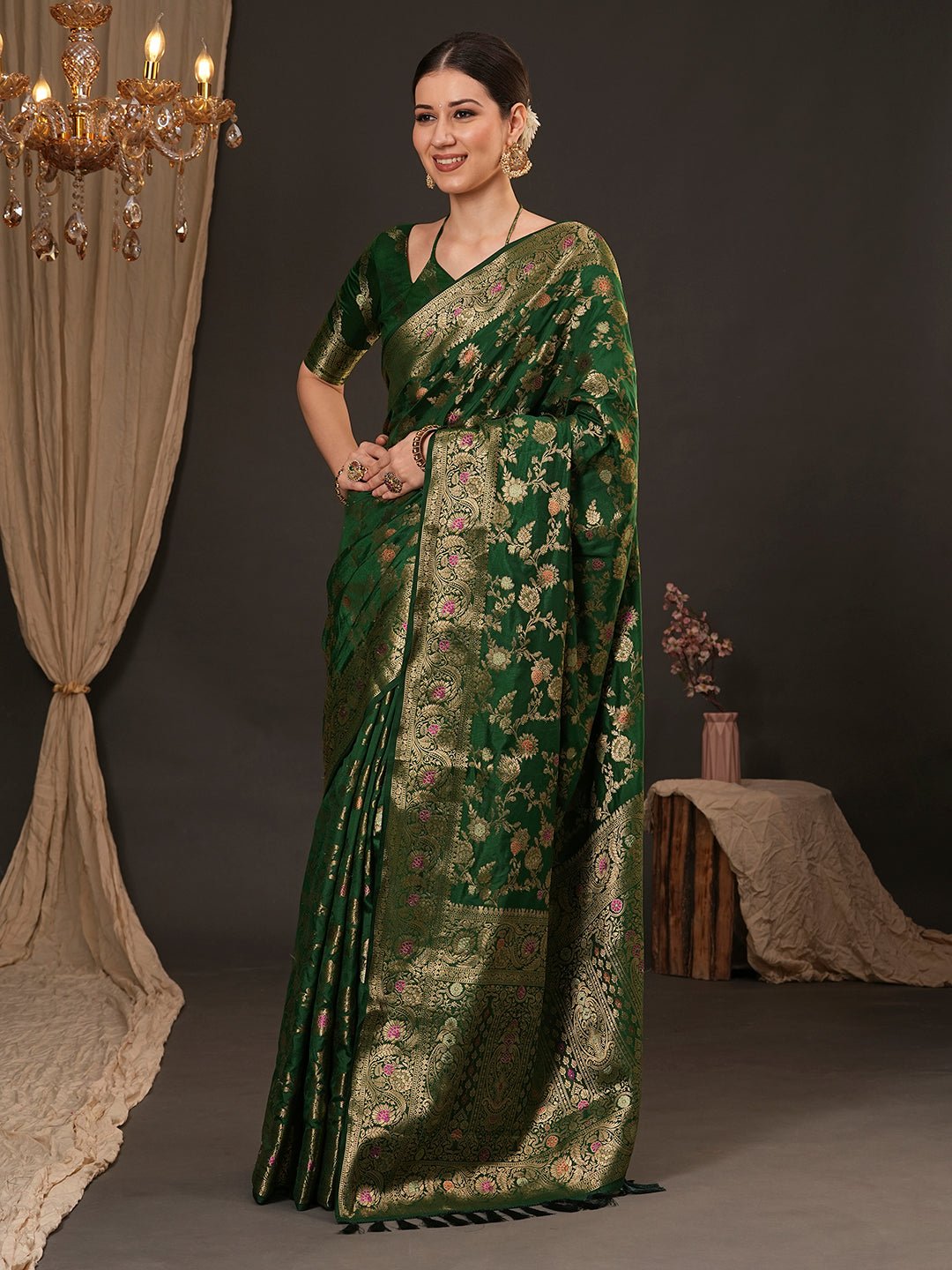 Bottle Green Banarasi Silk Saree - Ressa