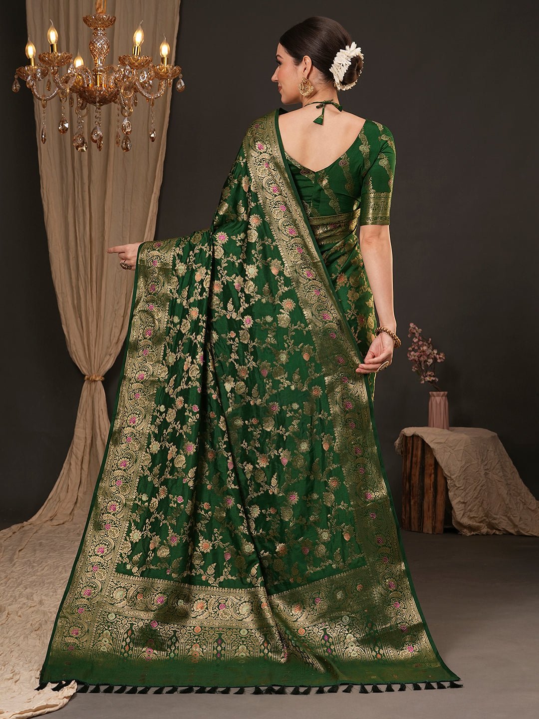 Bottle Green Banarasi Silk Saree - Ressa