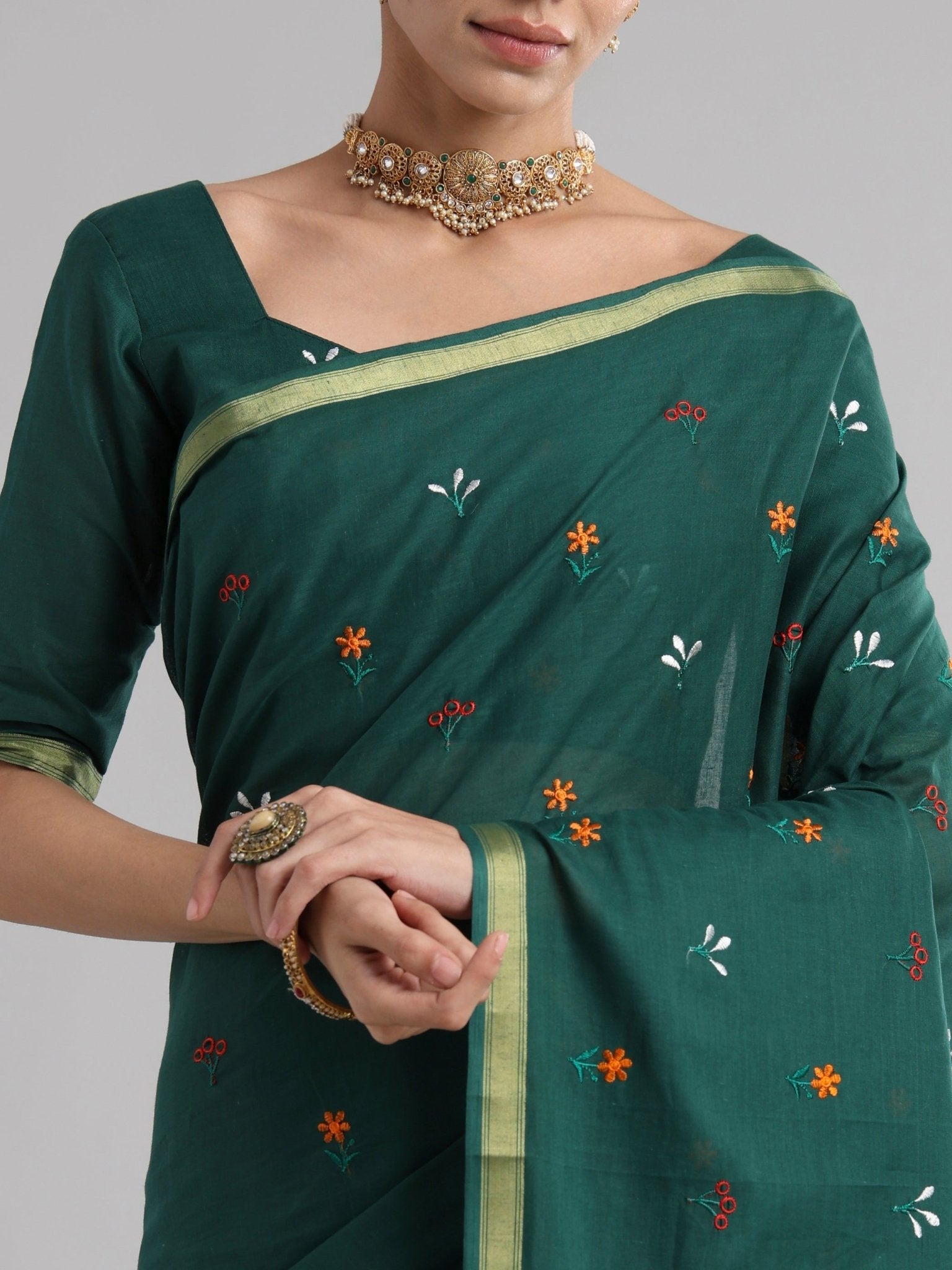 Bottle Green Cotton Saree - Ressa