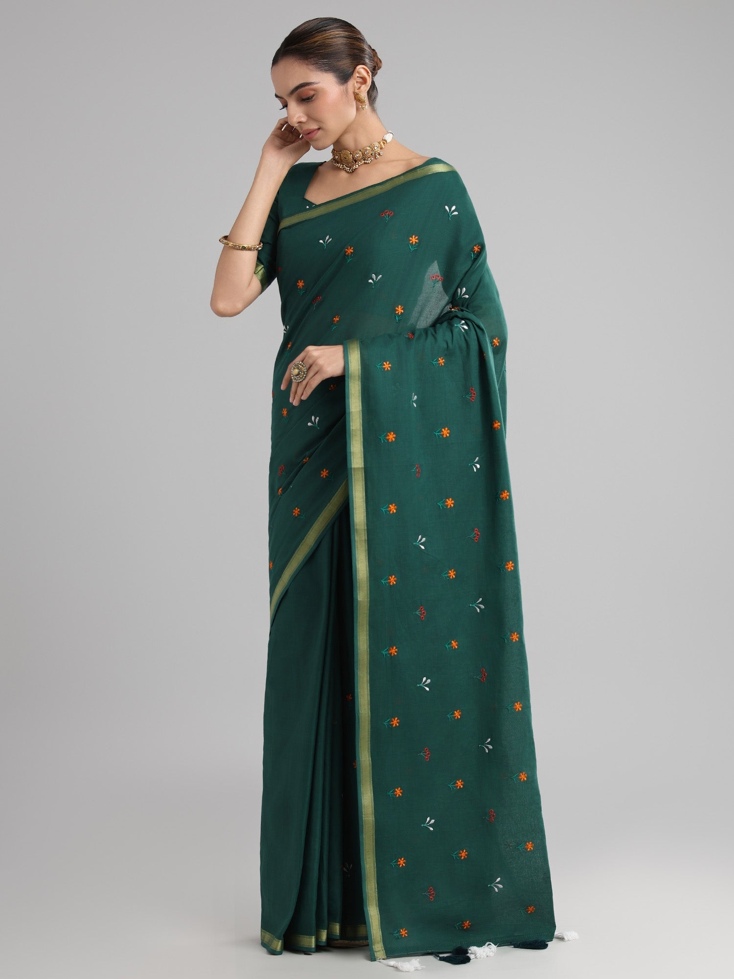 Bottle Green Cotton Saree - Ressa