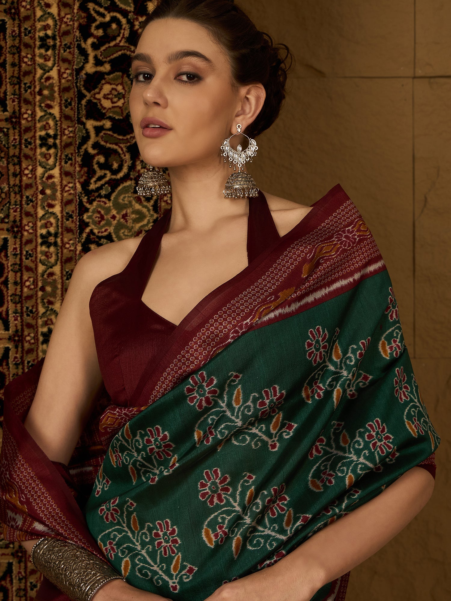 Bottle Green Ikat Bhagalpuri Silk Saree - Ressa