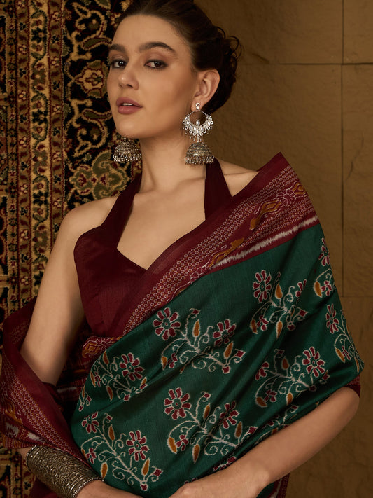 Bottle Green Ikat Bhagalpuri Silk Saree - Ressa