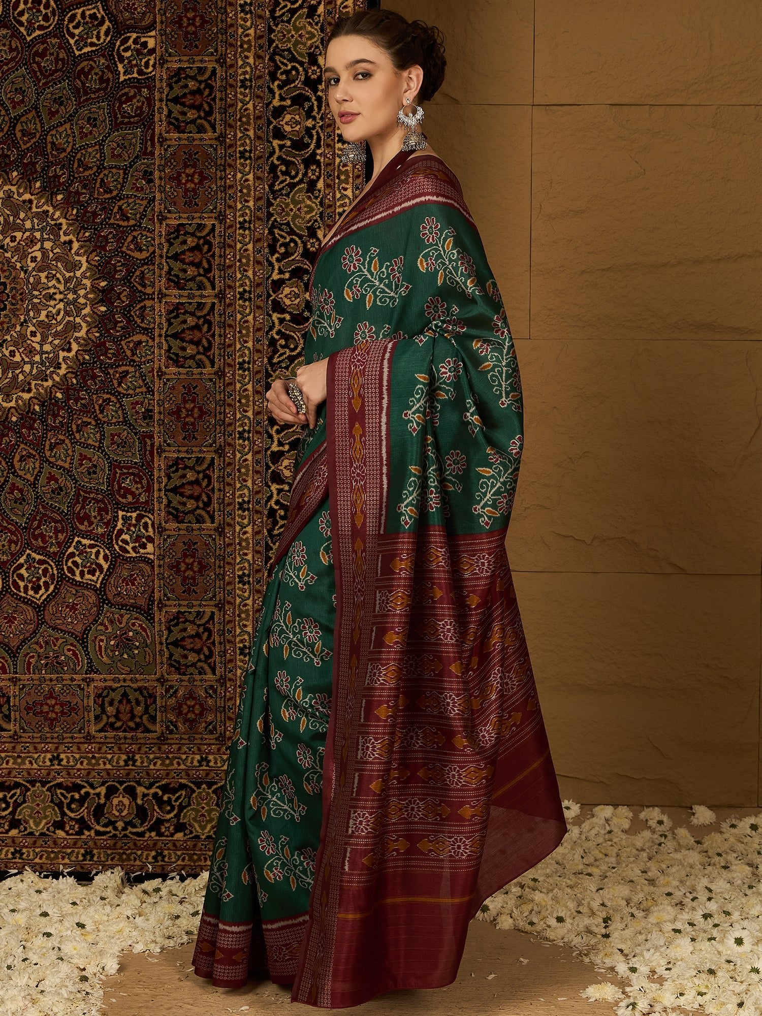 Bottle Green Ikat Bhagalpuri Silk Saree - Ressa