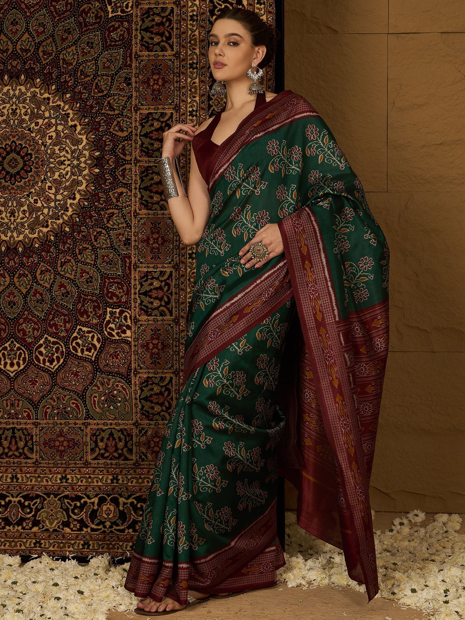 Bottle Green Ikat Bhagalpuri Silk Saree - Ressa