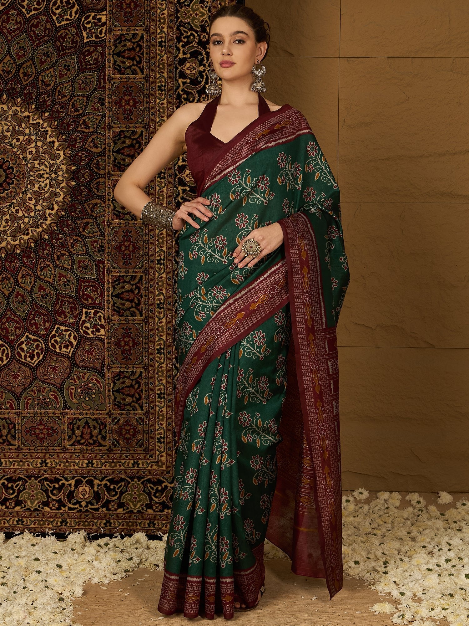 Bottle Green Ikat Bhagalpuri Silk Saree - Ressa