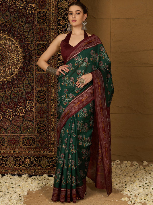 Bottle Green Ikat Bhagalpuri Silk Saree - Ressa