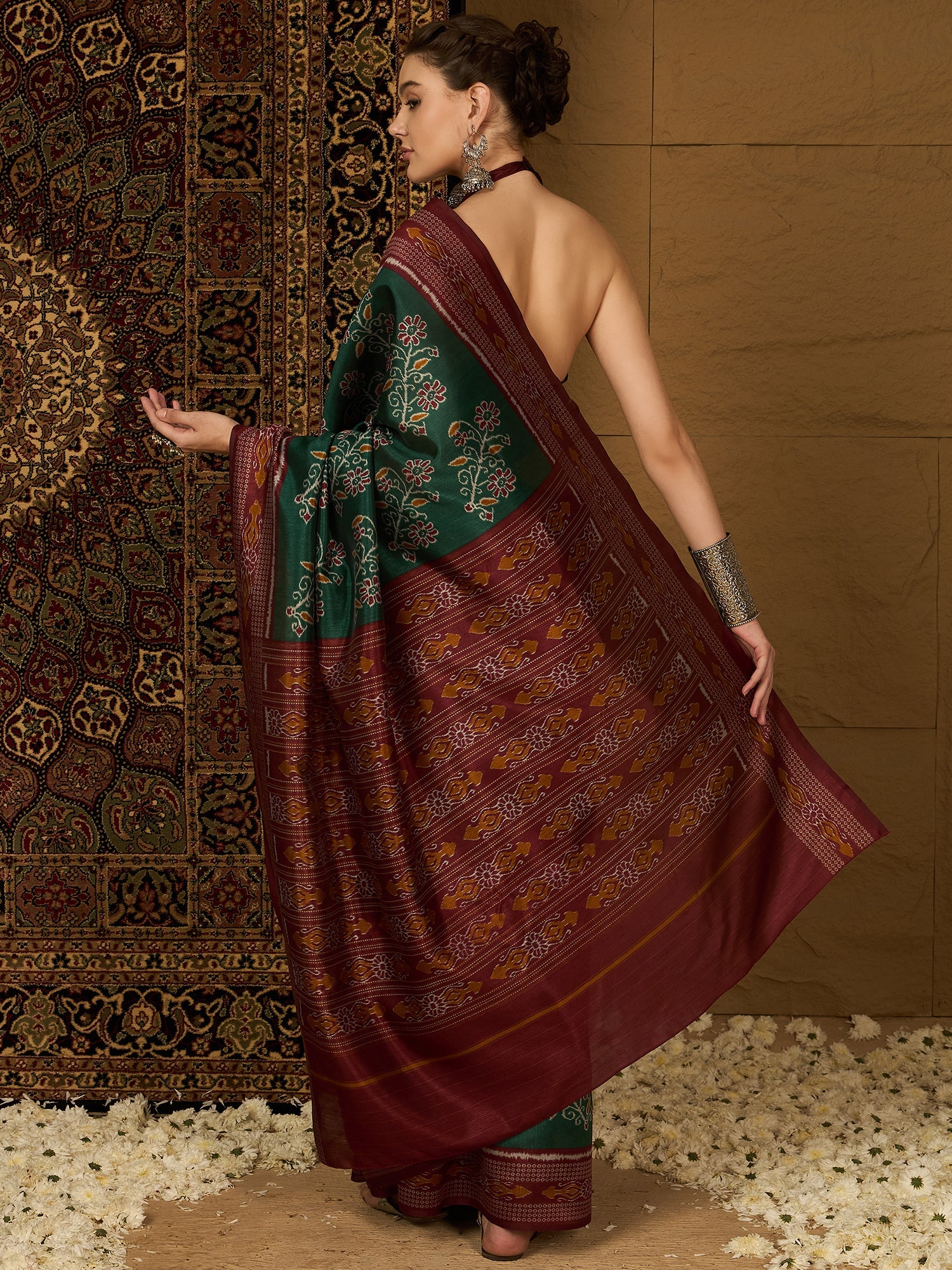 Bottle Green Ikat Bhagalpuri Silk Saree - Ressa