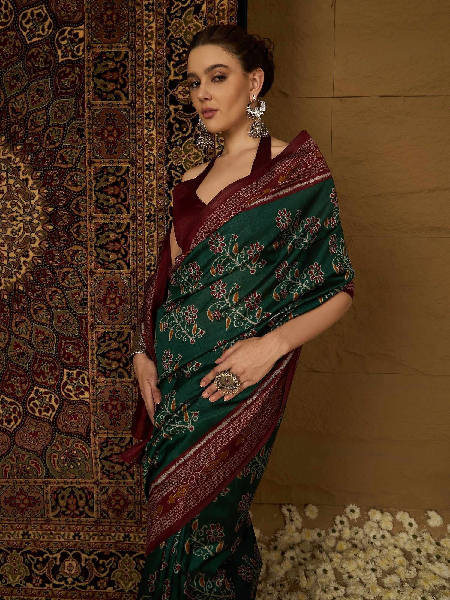 Bottle Green Ikat Bhagalpuri Silk Saree - Ressa
