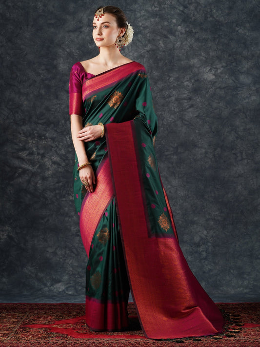 Bottle Green Kanjivaram Silk Saree with Magenta Zari Border - Ressa