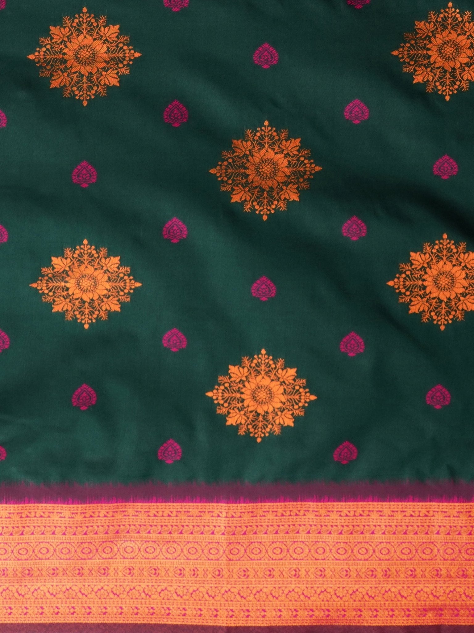 Bottle Green Kanjivaram Silk Saree with Magenta Zari Border - Ressa