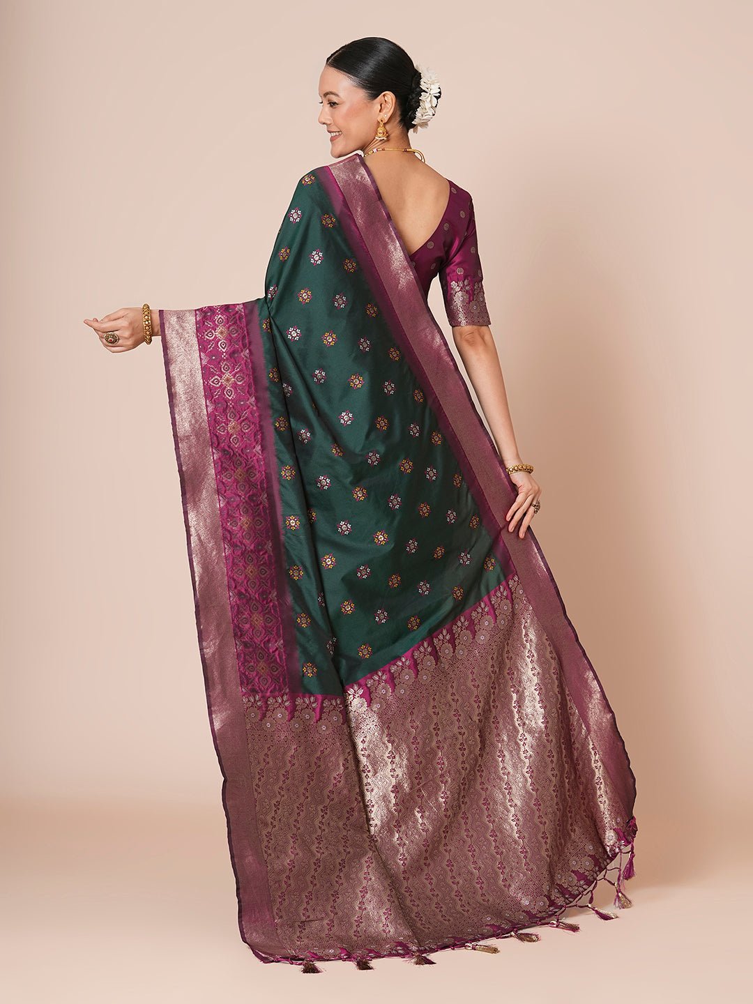 Bottle Green & Magenta with Zari Weave & Meenakari Bootis Saree - Ressa