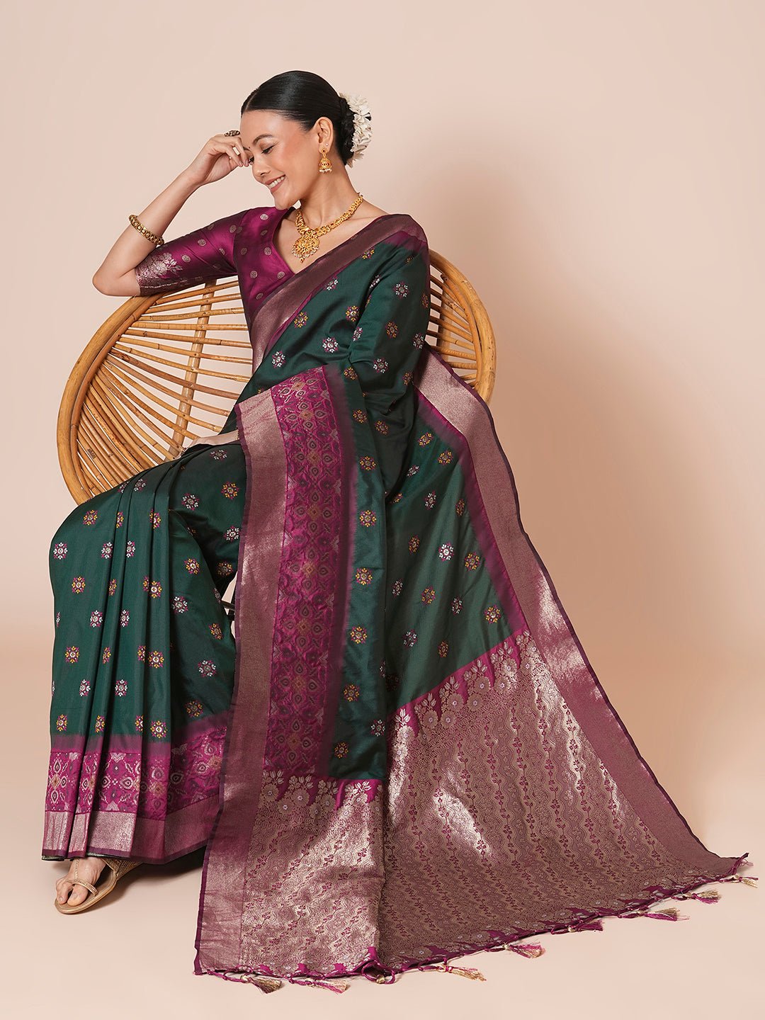 Bottle Green & Magenta with Zari Weave & Meenakari Bootis Saree - Ressa