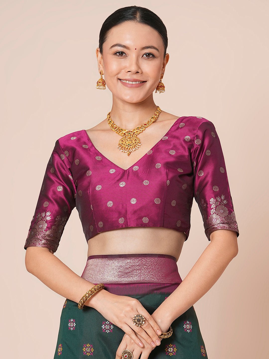 Bottle Green & Magenta with Zari Weave & Meenakari Bootis Saree - Ressa