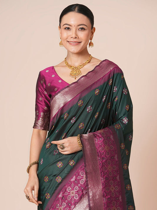 Bottle Green & Magenta with Zari Weave & Meenakari Bootis Saree - Ressa