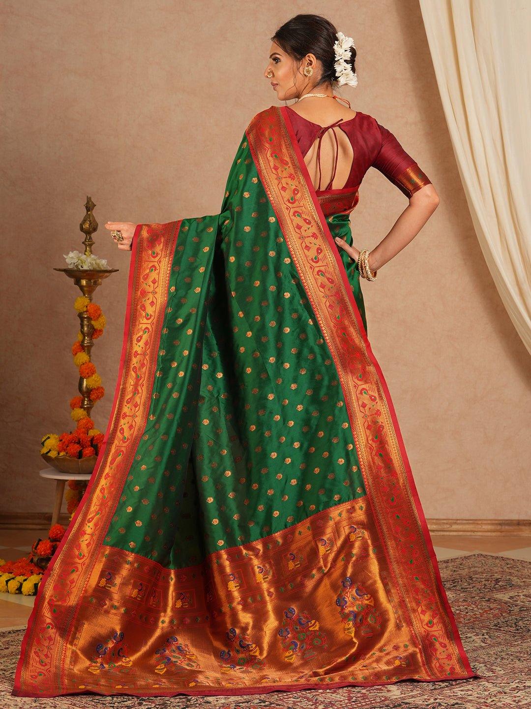 Bottle Green & Maroon Banarasi Silk Blend Saree - Ressa