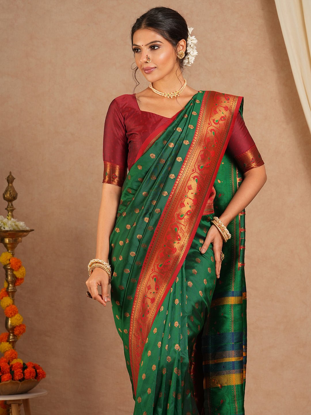 Bottle Green & Maroon Banarasi Silk Blend Saree - Ressa