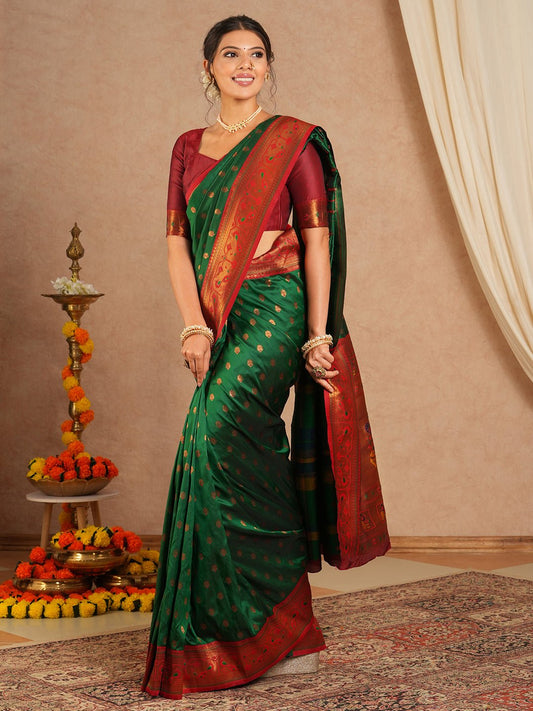 Bottle Green & Maroon Banarasi Silk Blend Saree - Ressa