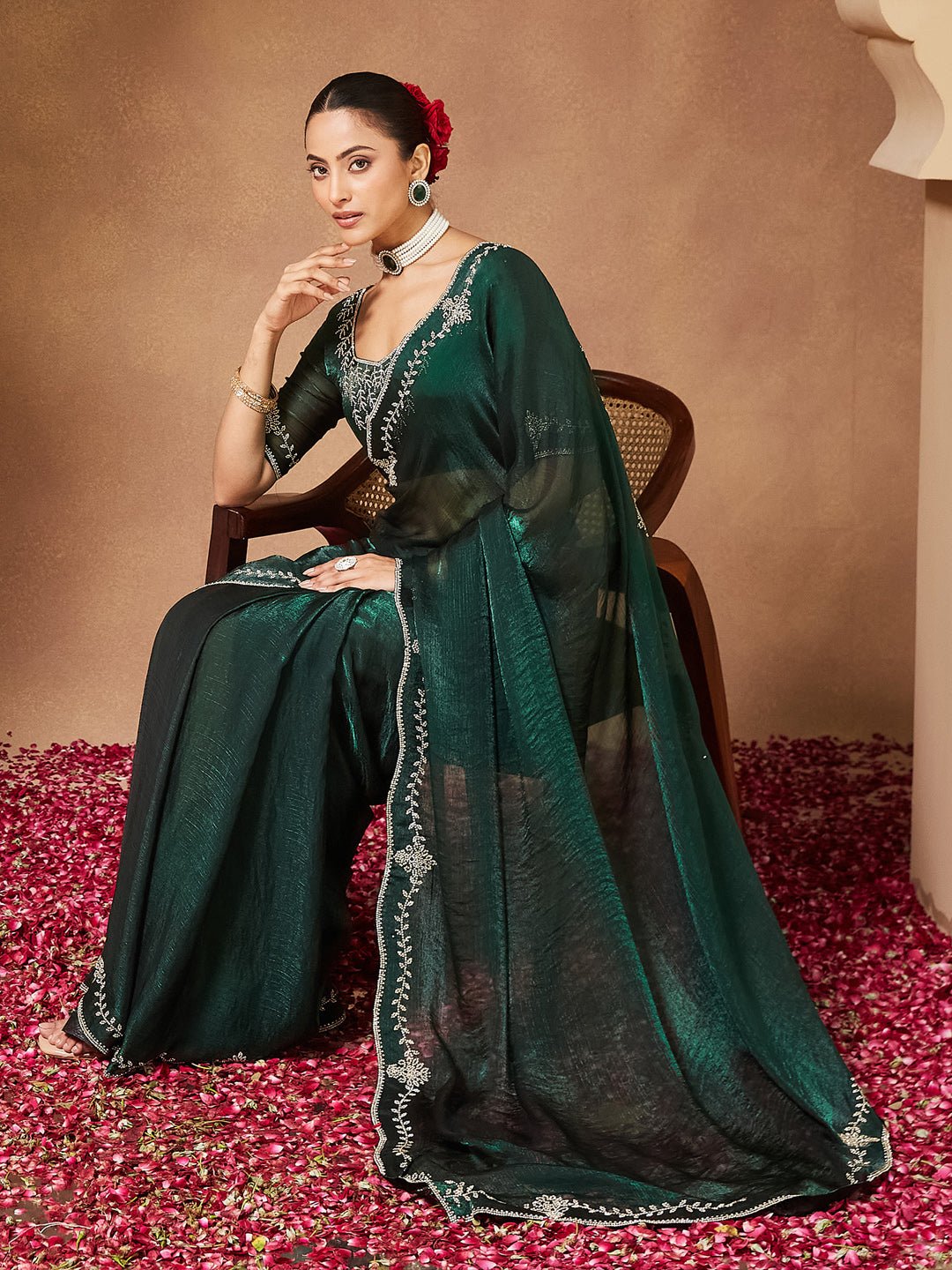 Bottle Green Organza Silk Embroidered Saree with Blouse - Ressa