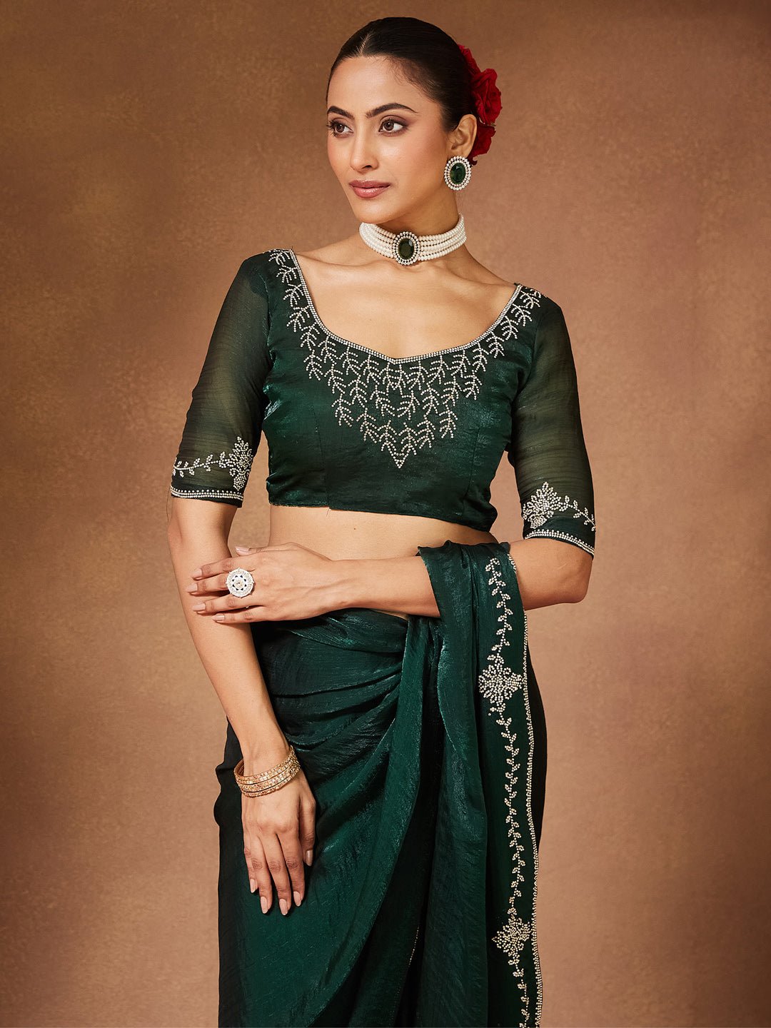Bottle Green Organza Silk Embroidered Saree with Blouse - Ressa
