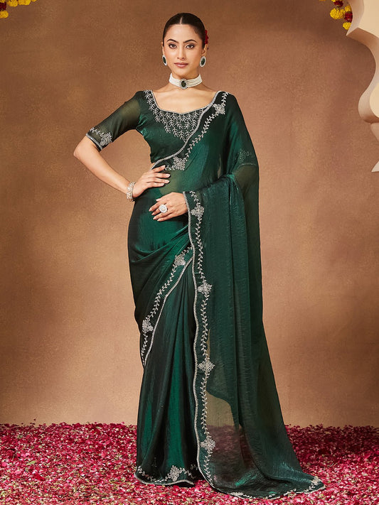 Bottle Green Organza Silk Embroidered Saree with Blouse - Ressa