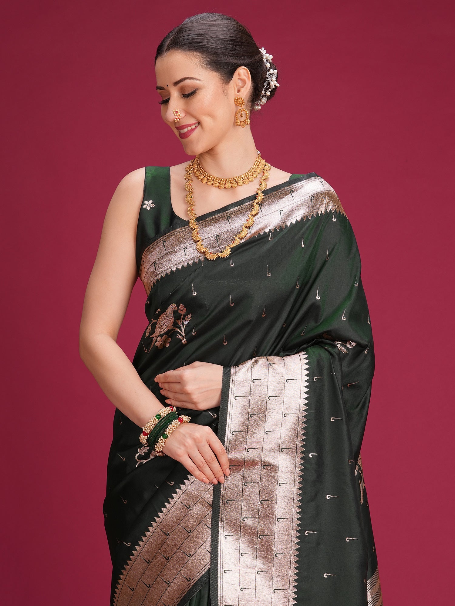Bottle Green Paithani Silk Saree - Ressa