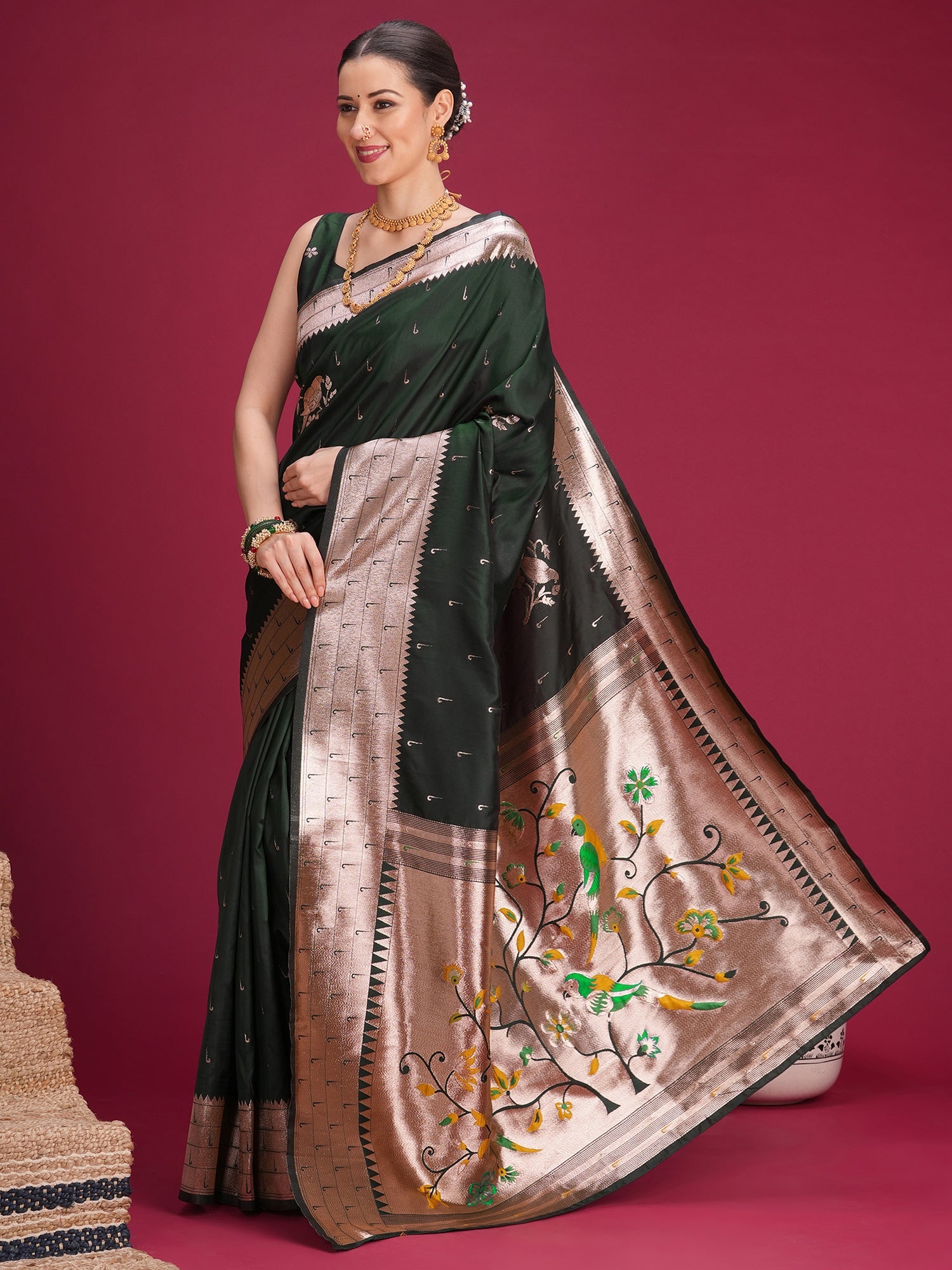 Bottle Green Paithani Silk Saree - Ressa
