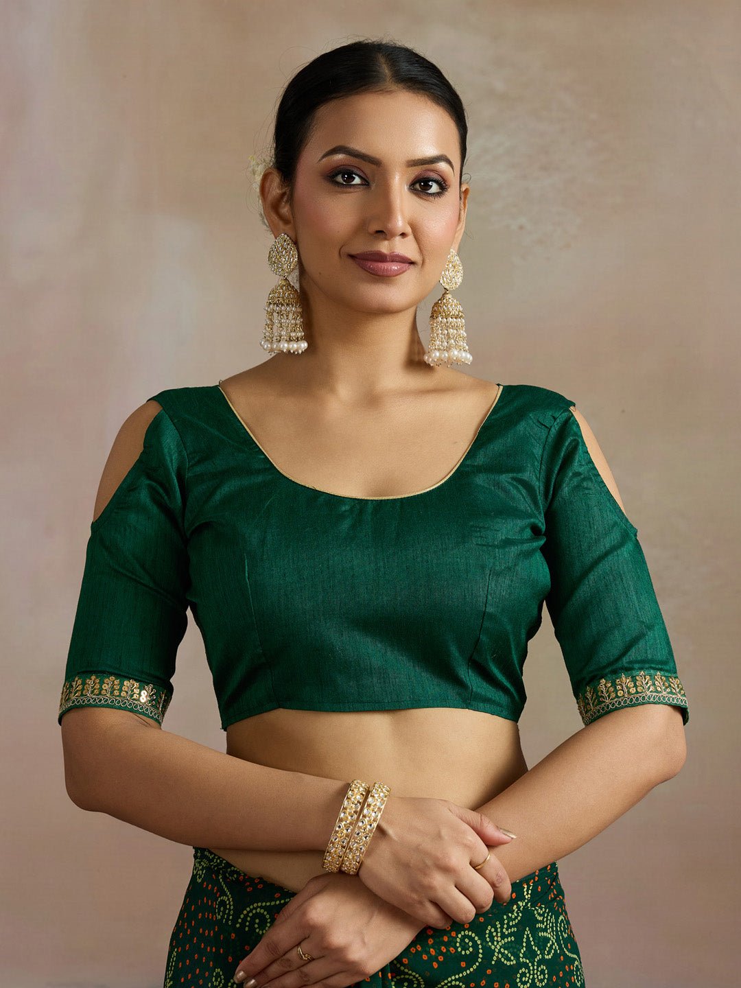 Bottle Green Sequin Work Bandhani Saree - Ressa