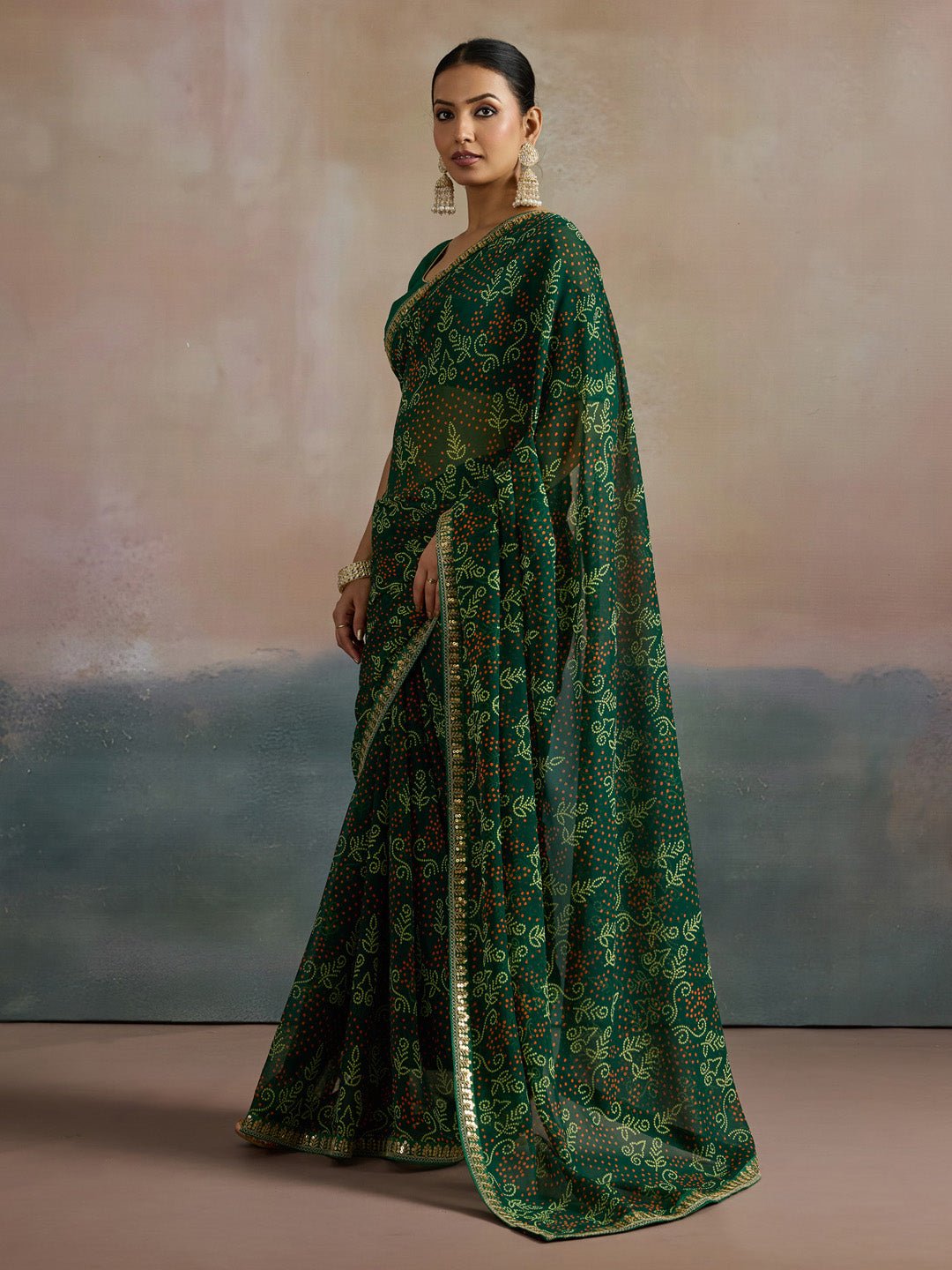 Bottle Green Sequin Work Bandhani Saree - Ressa