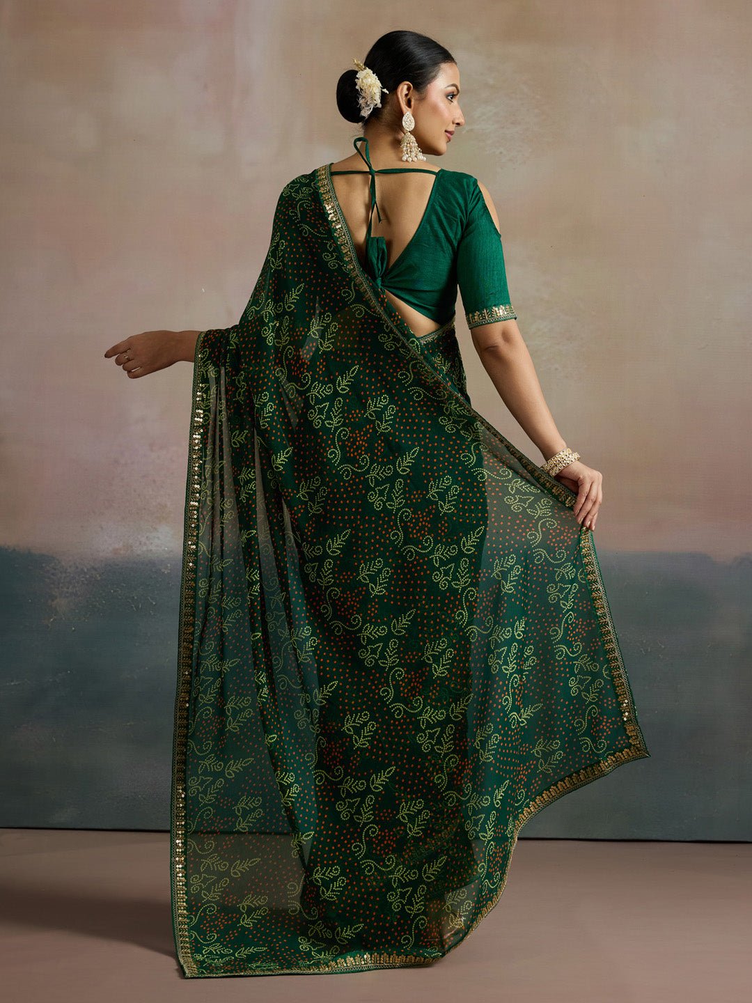 Bottle Green Sequin Work Bandhani Saree - Ressa