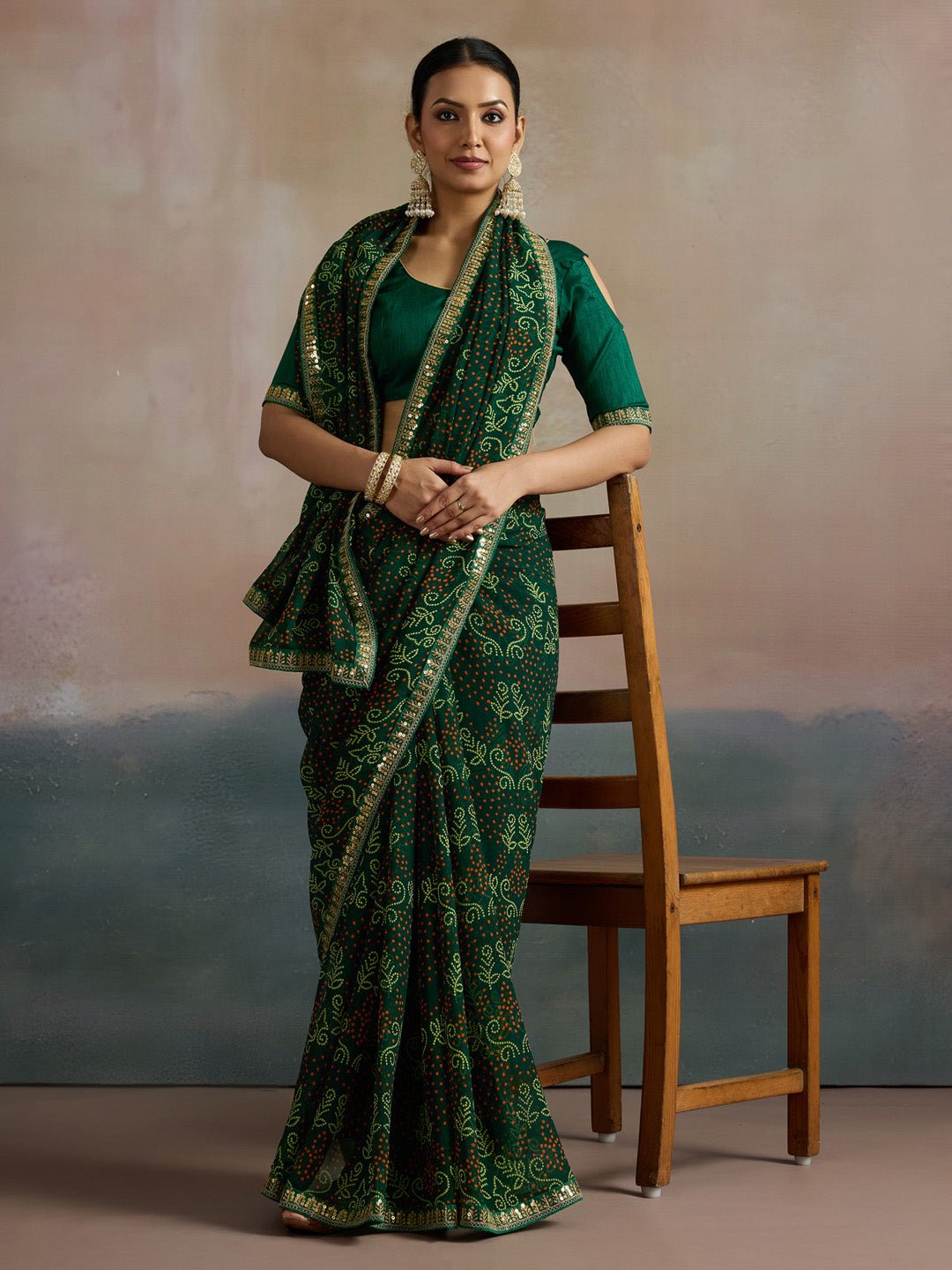 Bottle Green Sequin Work Bandhani Saree - Ressa