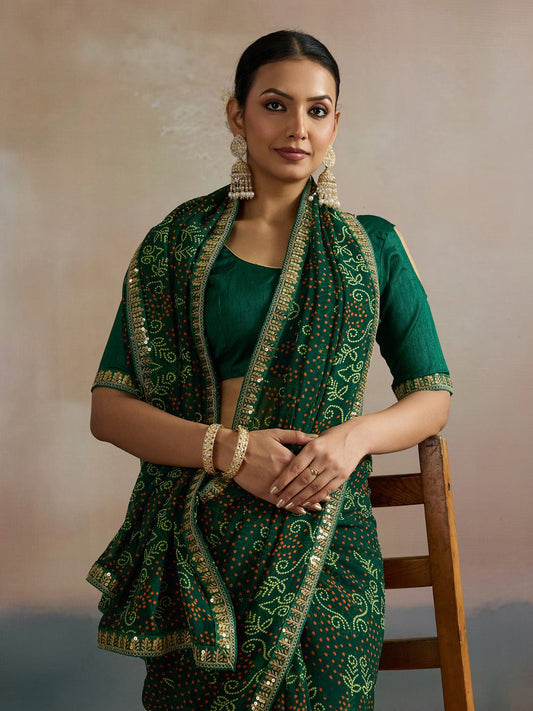 Bottle Green Sequin Work Bandhani Saree - Ressa