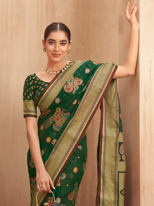 Bottle Green Silk Blend Heritage Patola Style Saree - Ressa