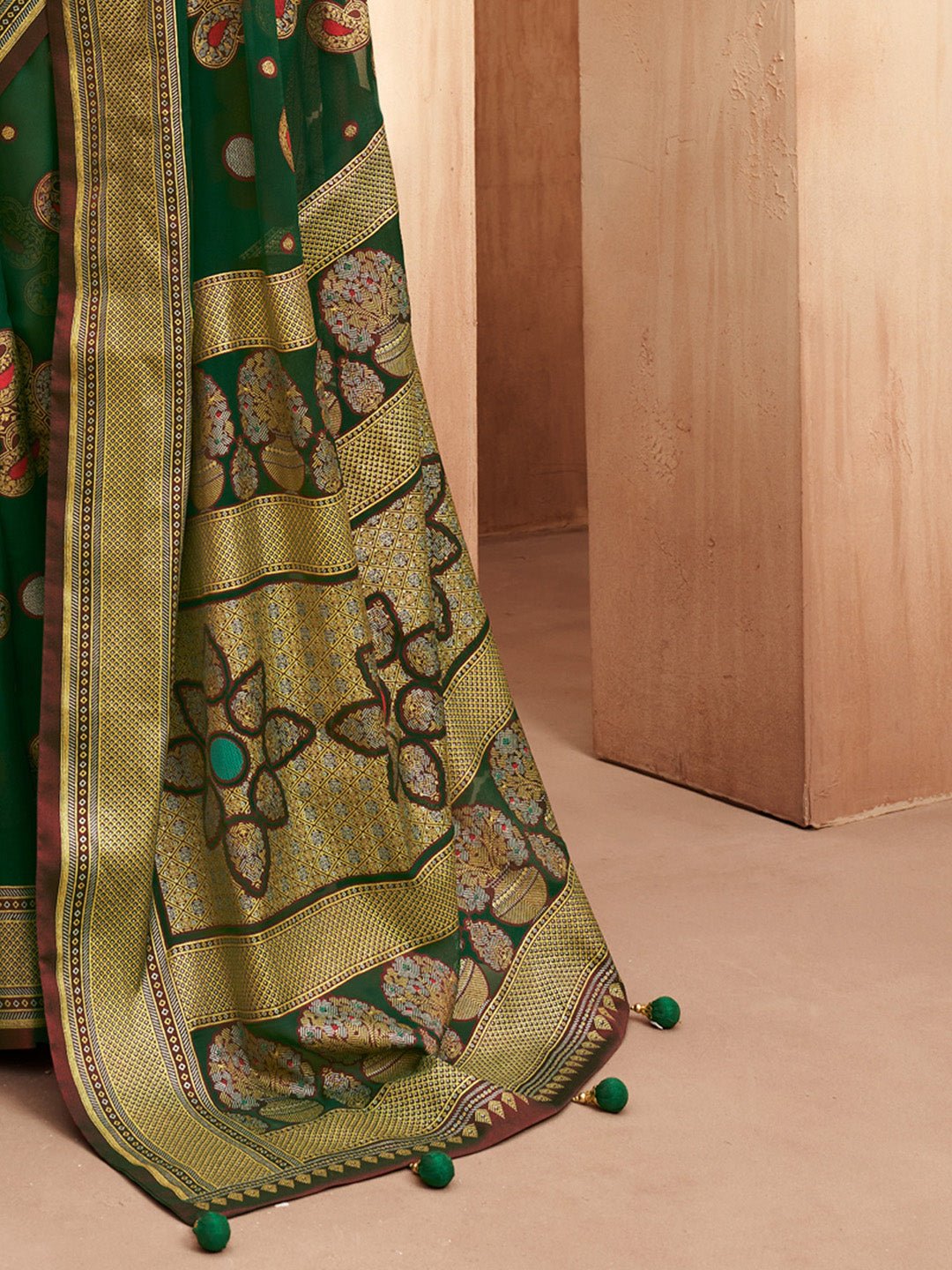 Bottle Green Silk Blend Heritage Patola Style Saree - Ressa