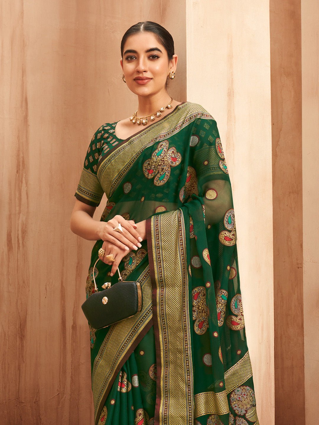 Bottle Green Silk Blend Heritage Patola Style Saree - Ressa
