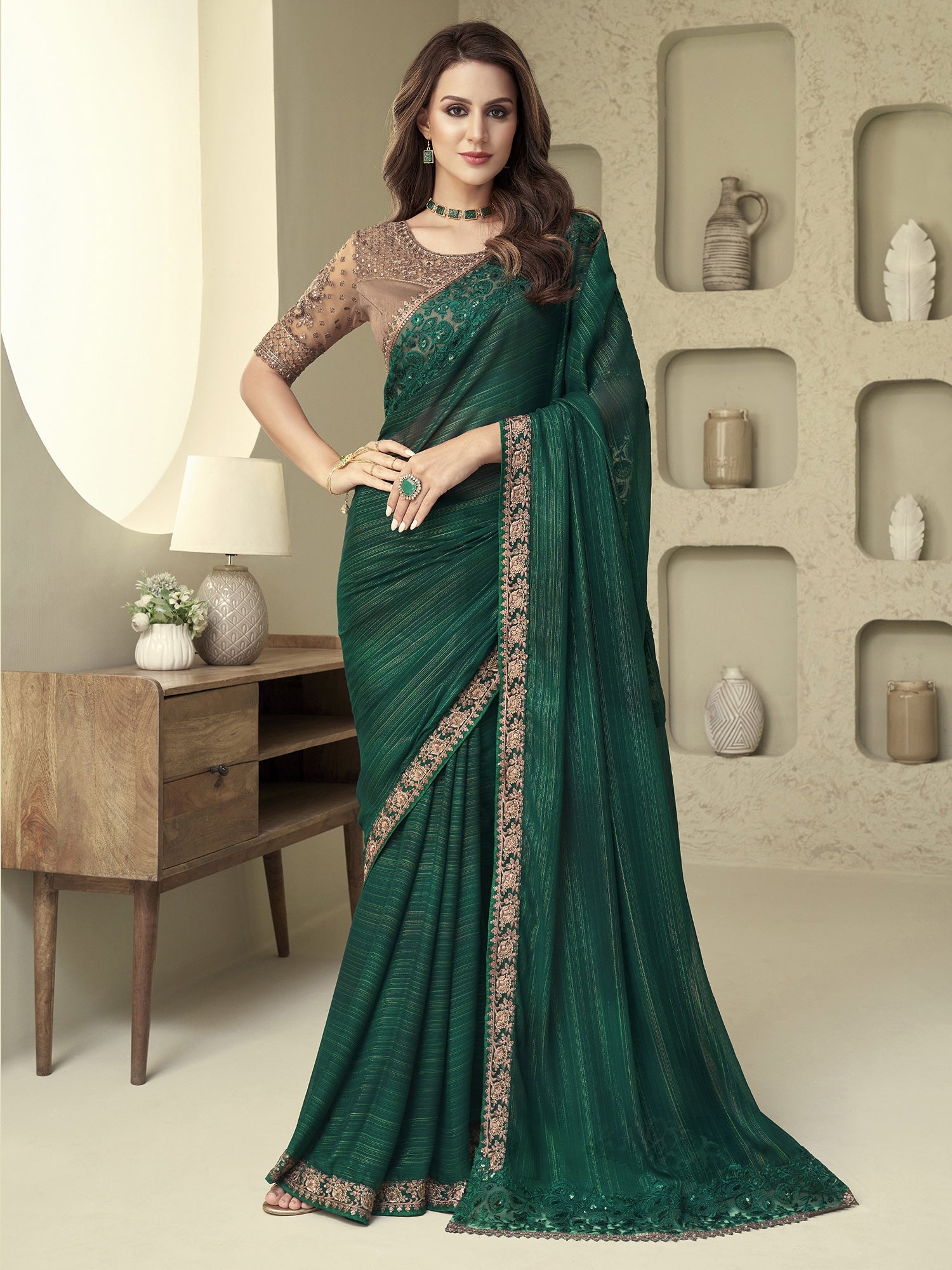 Bottle Green Solid Georgette Saree - Ressa