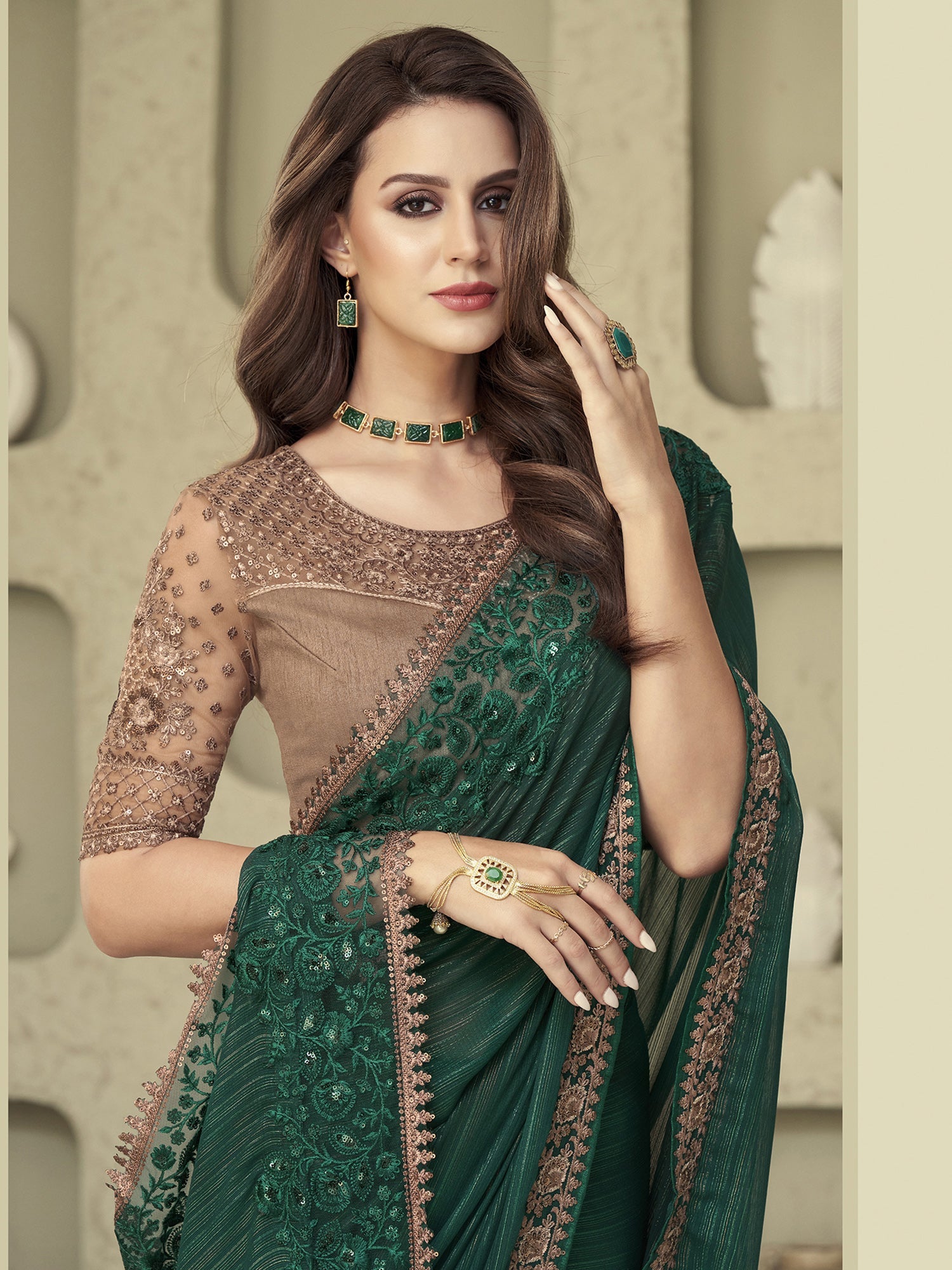 Bottle Green Solid Georgette Saree - Ressa