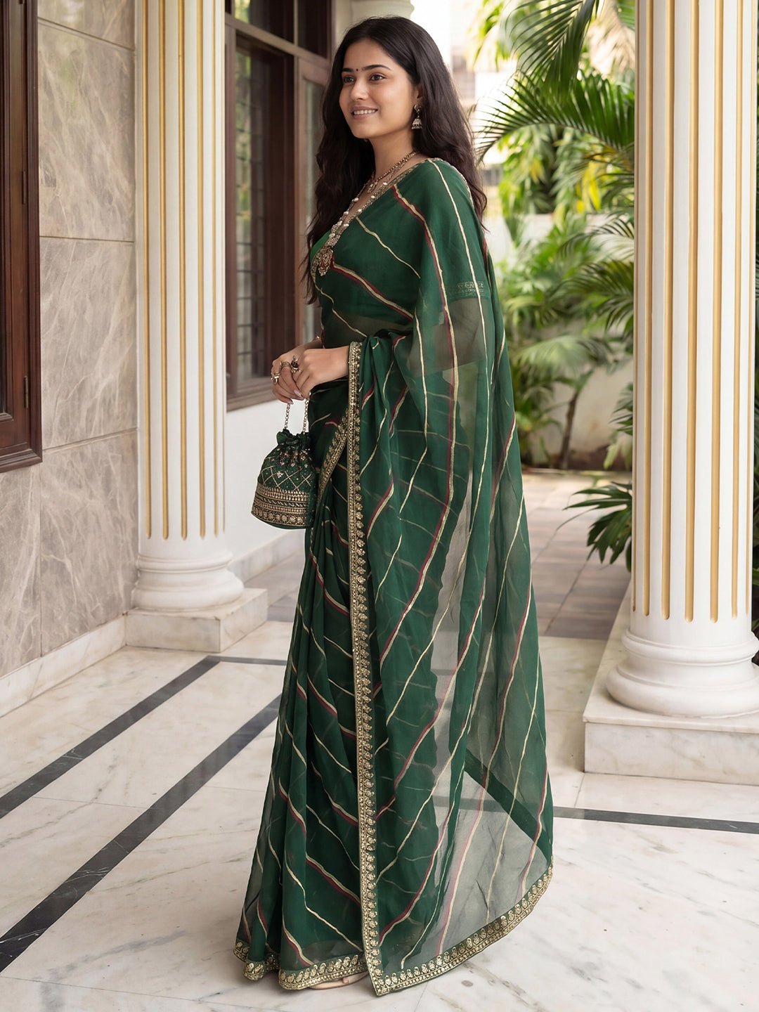 Bottle Green Striped Georgette Saree - Ressa