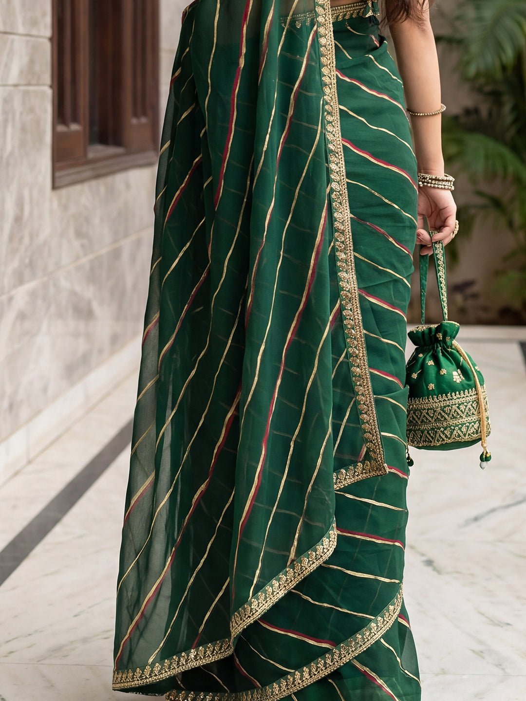 Bottle Green Striped Georgette Saree - Ressa