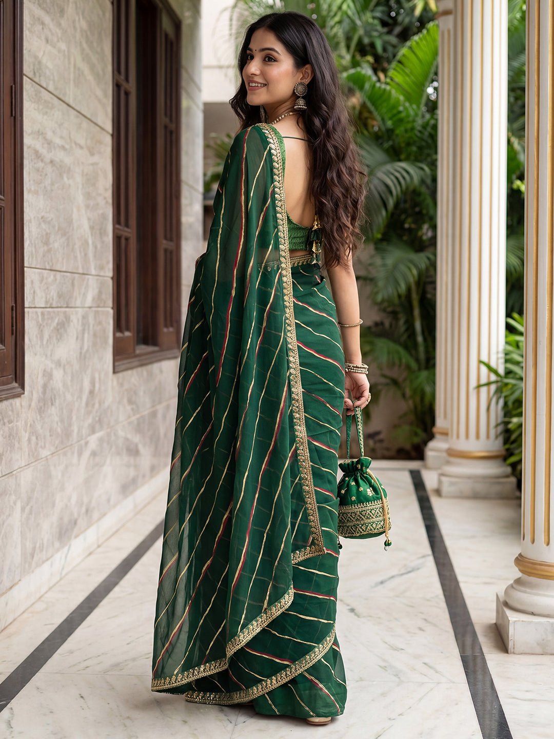 Bottle Green Striped Georgette Saree - Ressa