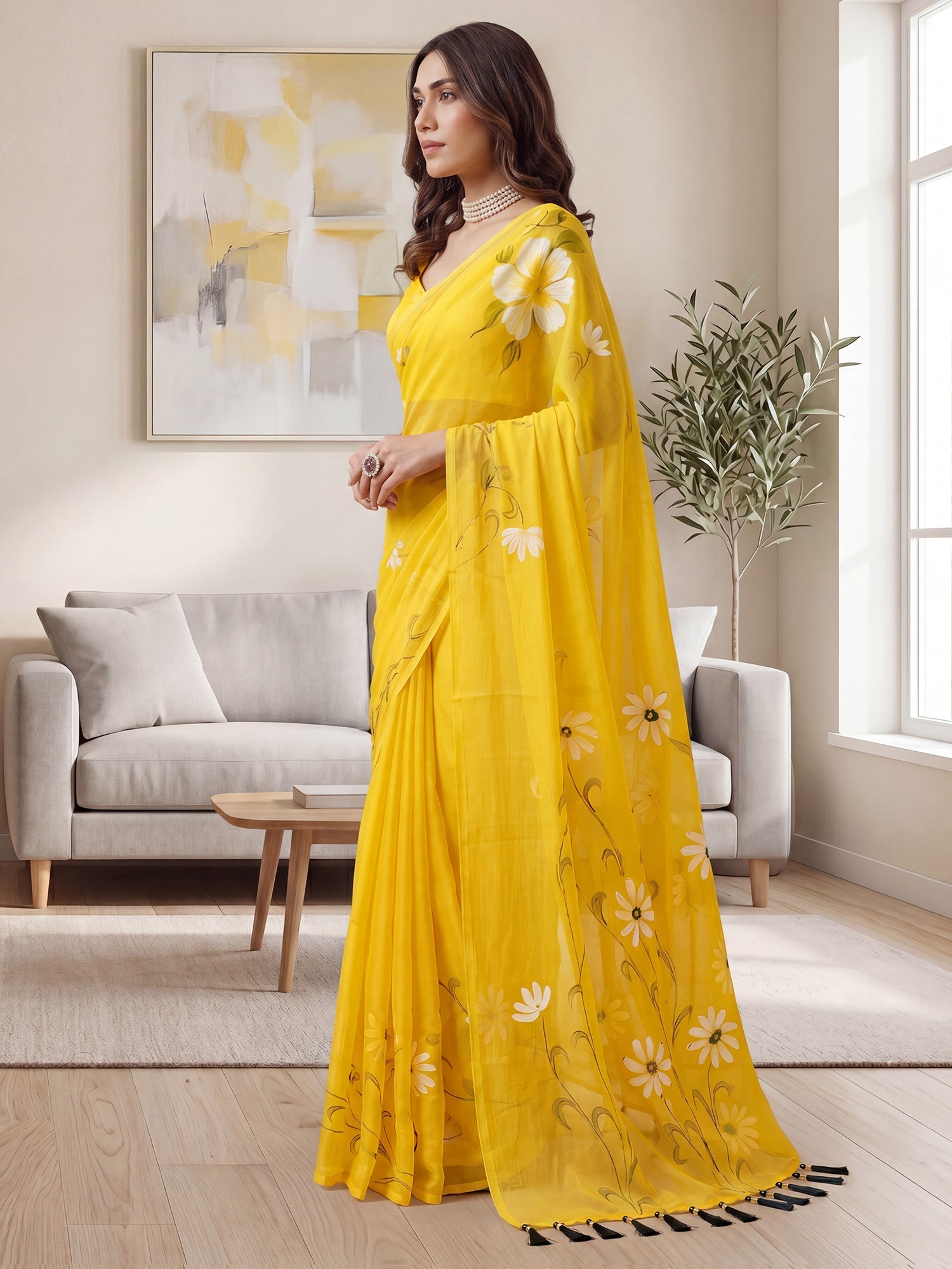 Bright Yellow Hand Painted Saree - Ressa