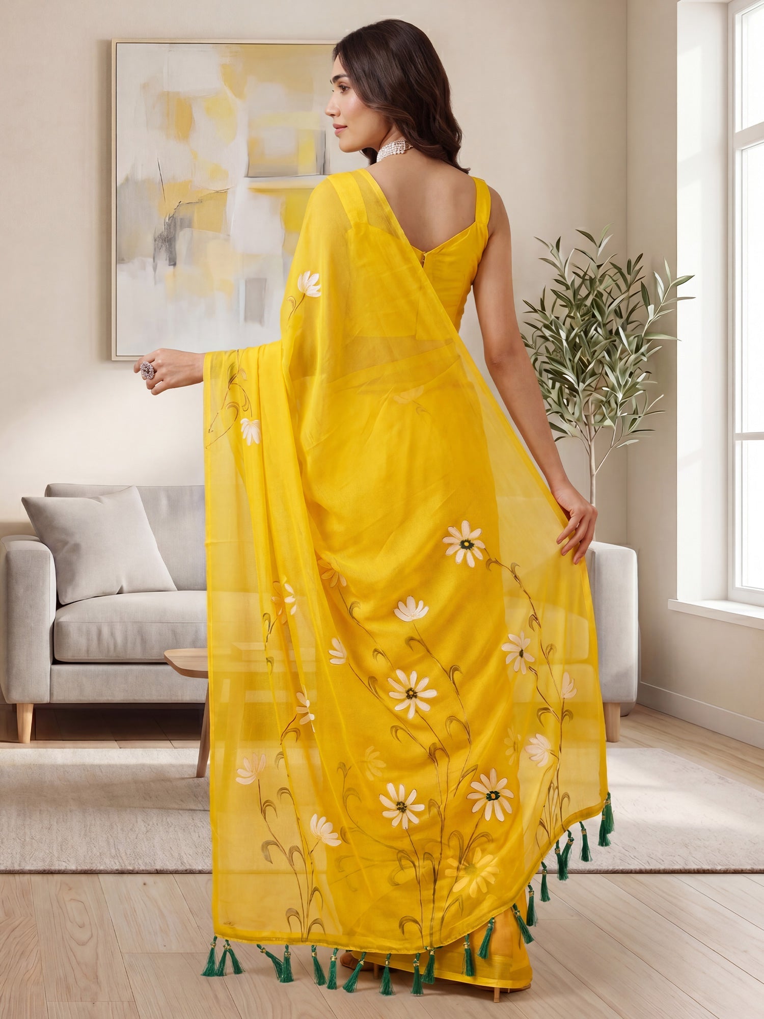 Bright Yellow Hand Painted Saree - Ressa